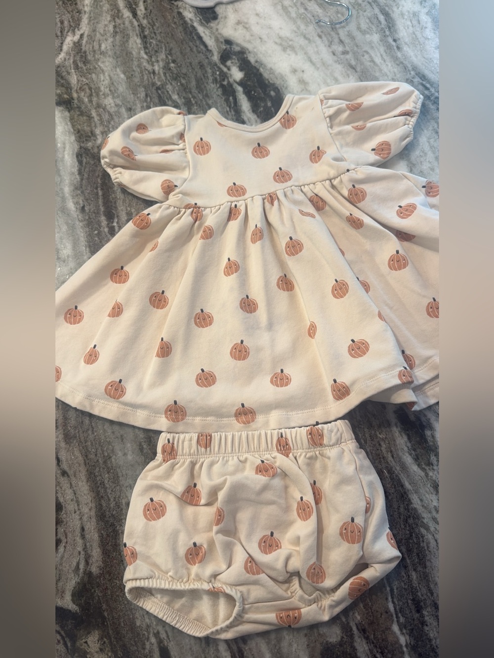 Quincy Mae Cream Dress & Bloomer Set with Pumpkin Print